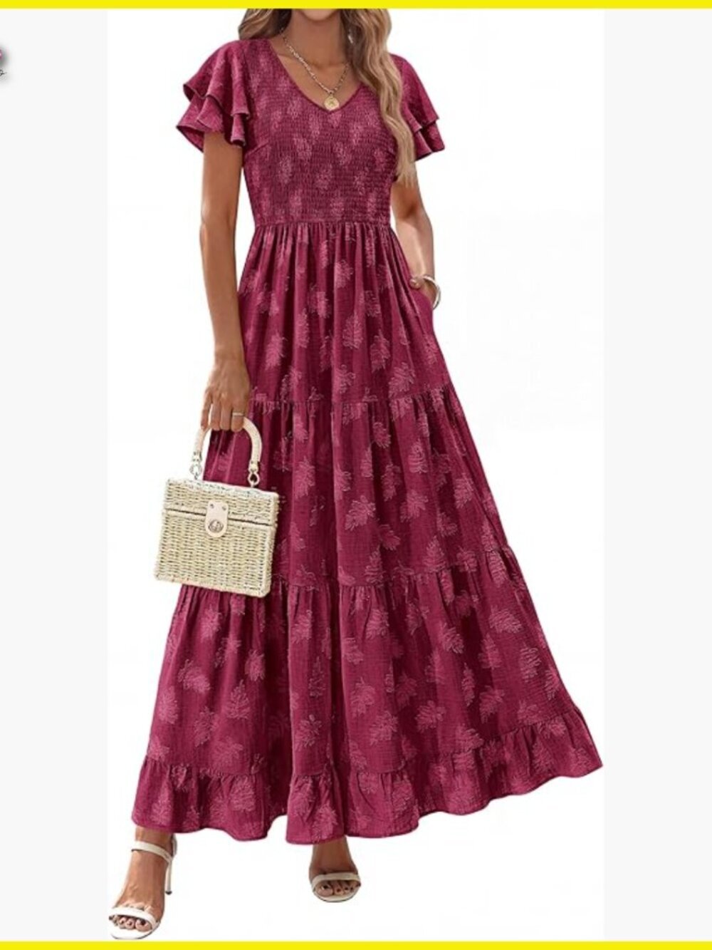 Floral Boho Maxi Dress Ruffle Sleeve V Neck Smocked Tiered Sundress Lightweight